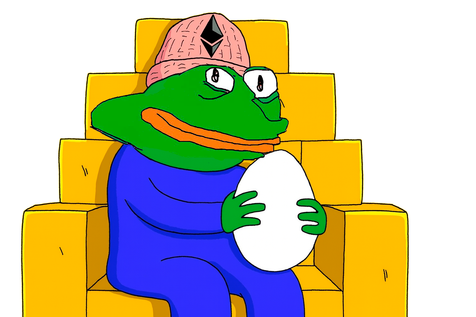 Okayeg sentado no trono segurando um ovo (imagine-o com cabeça-ovo)